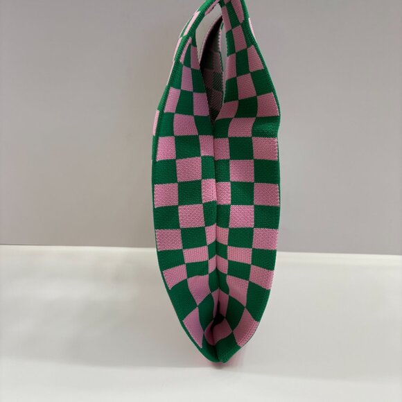 Wrist Tote Bag - 100% Polyester- Green Pink Checkers / Gingham - NWT - Picture 5 of 10
